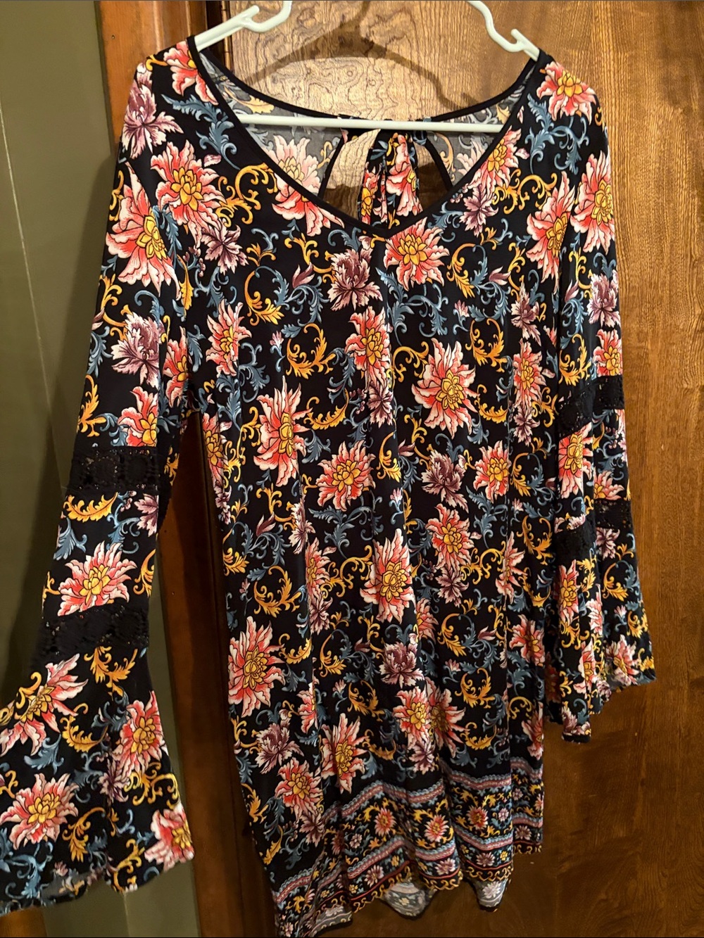 Xhilaration Black Floral Long Sleeve Swing Dress with Tie Back